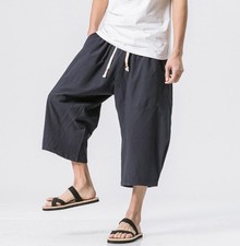 Men Loose Harem Cotton Linen Cropped Pants Wide Leg Casual Short Trousers M L XL