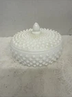 Vtg White Fenton Hobnail Milk Glass Candy Dish With Cover 6” Wide3.5” Tall