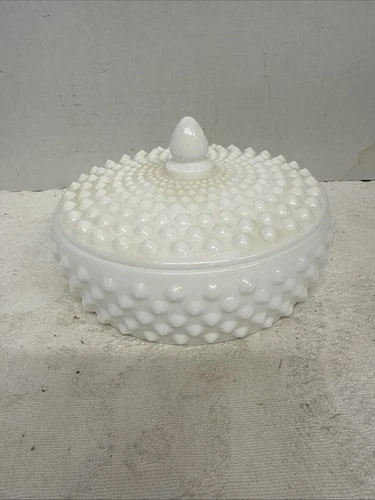Vtg White Fenton Hobnail Milk Glass Candy Dish With Cover 6” Wide3.5” Tall