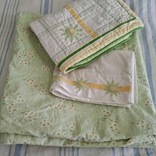 Vtg Pottery Barn Kids Linen Ditsy Floral Green Daisy FULL QUEEN Duvet Sham Set