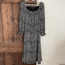 TALBOTS Women's Large Smocked Fit & Flare Dress Abstract Animal Black Boho