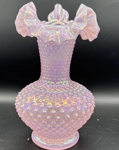 VTG Fenton Pink Chiffon Hobnail Glass Double Crimped Vase Iridescent 10.75” Tall