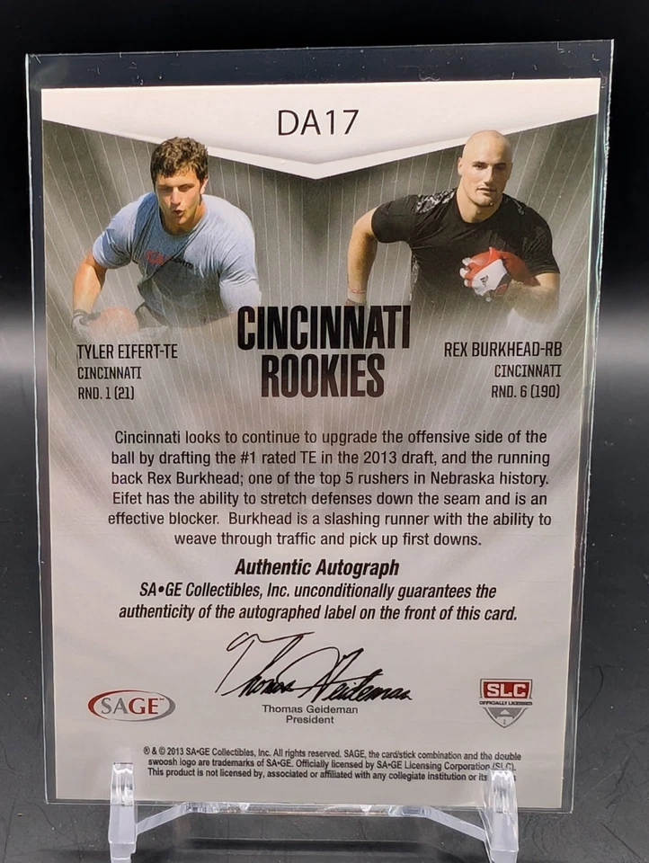 2013 SAGE NEXT Cincinnati Rookies Tyler Eifert & Rex Burkhead #/40 - Error Card? - Image 3 of 3