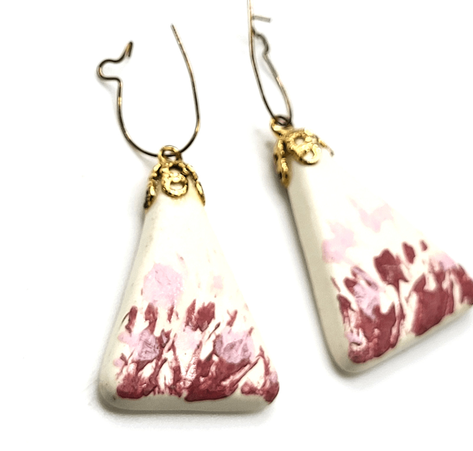 Triangular Ceramic Dangle Earrings Red and Pink 2… - image 1