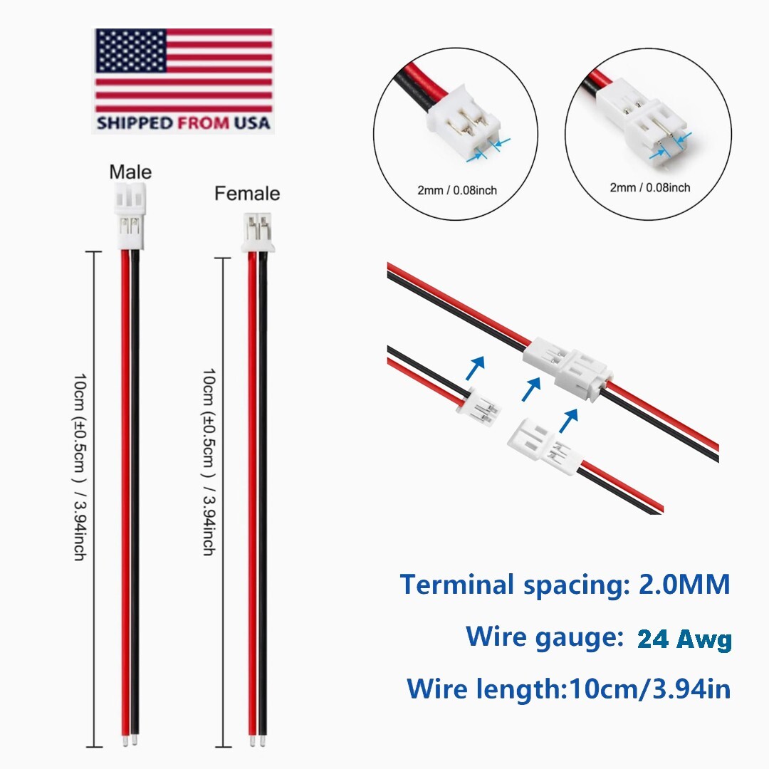 2.0 JST-PH 2 Pin Connector Leads Male/ Female with Wire attached