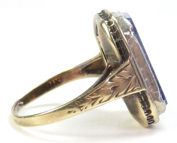 Antique 1920's Lapis Lazuli 13K White Gold Engraved Ring Size 5 UK-J1/2 Art Deco - Image 4 of 4