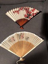 2 Victorian Large Silk Hand Fans Antique Original