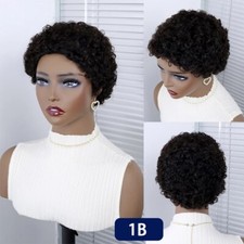 Women Short Pixie Cut Afro Curly Wig Black Human Hair Wig No Lace Soft Wigs