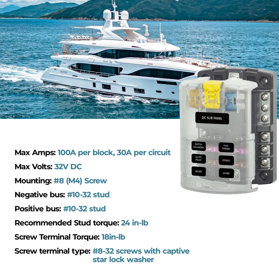 Blue Sea Systems 5025 6-Circuit ST Blade Fuse Block with Ground & Cover 100A - Image 2 of 4