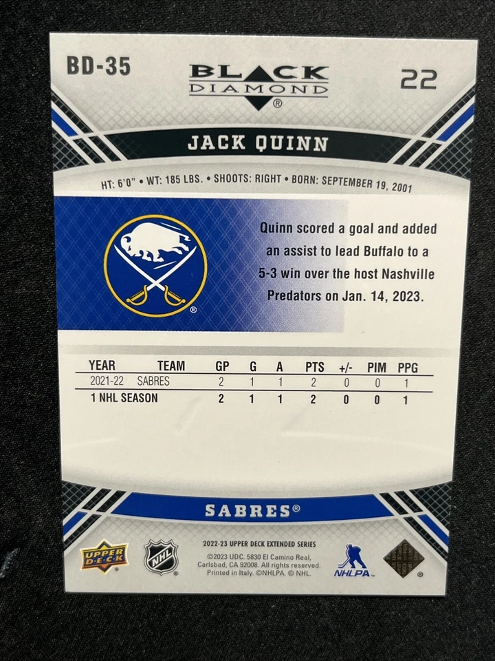 22-23 UD Extended Series Hockey Black Diamond Rookie Gems BD-35 Jack Quinn - Image 2 of 2