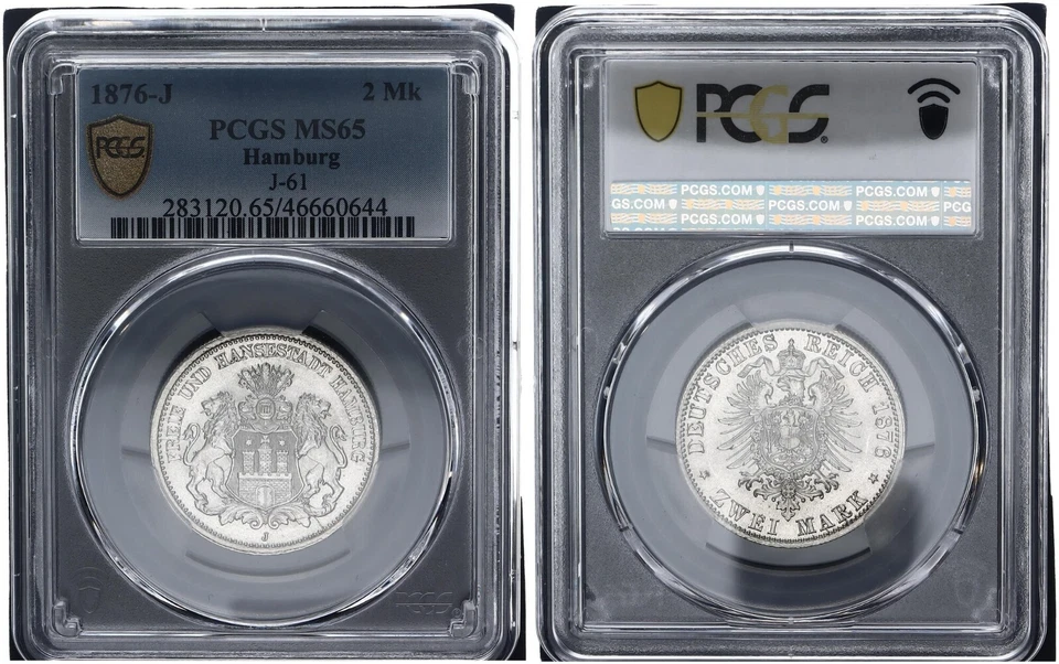 Hamburg 2 Mark 1876-J kleiner Adler - J.61 PCGS MS65 Stempelglanz 119869 - Bild 1 von 1