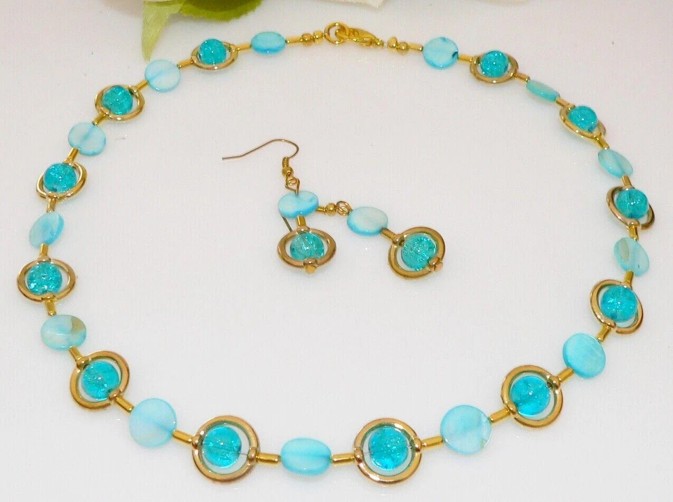 Schmuckset Kette Ohrring Perlmutt Muschel Glas Perle crash türkis gold 297c - Bild 2 von 4
