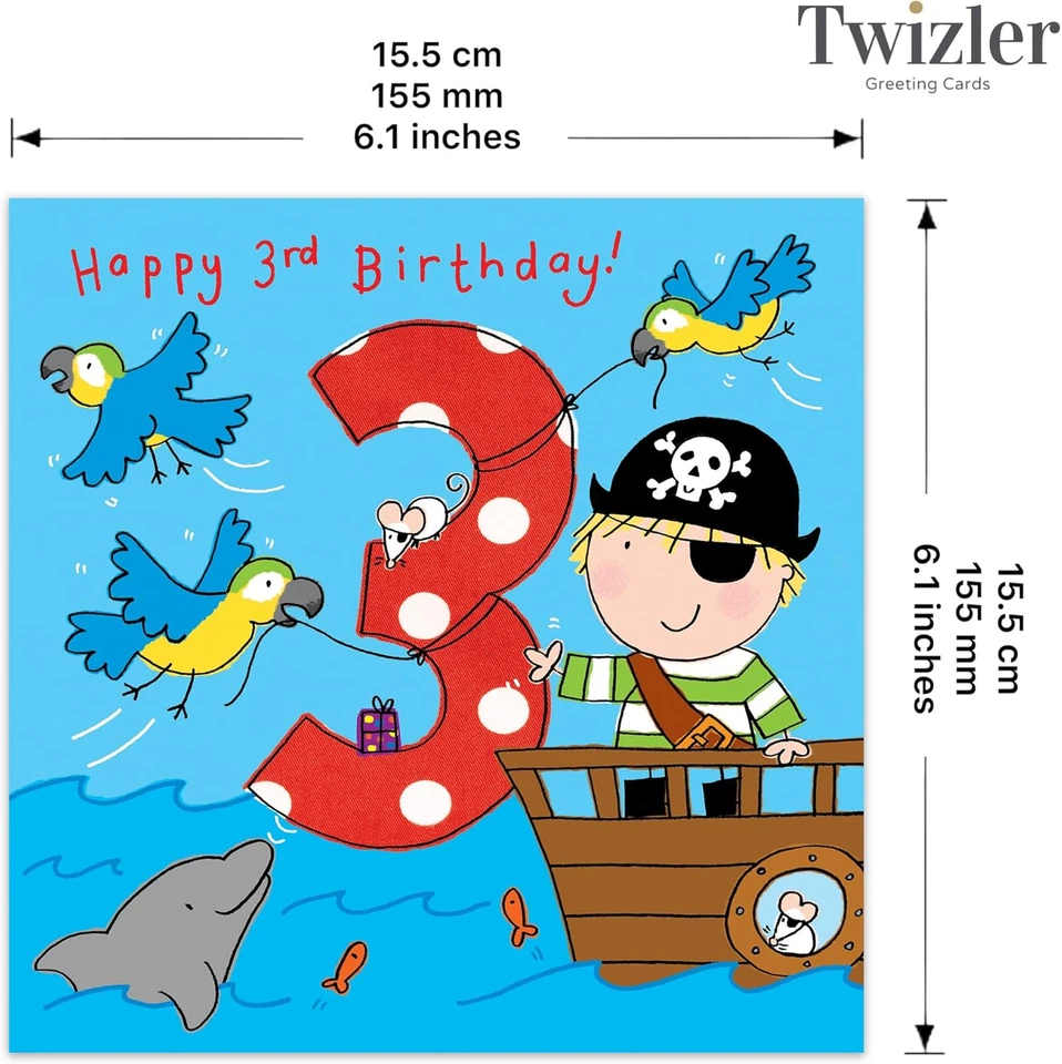 Tarjeta de cumpleaños 3Rd niño pirata - tarjeta de cumpleaños 3 años - tarjeta de cumpleaños niños 3 años - Foto 3 de 4