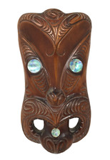 Tribal Maori New Zealand Hand Carved Wood Abalone Mask 10.5" Excellent