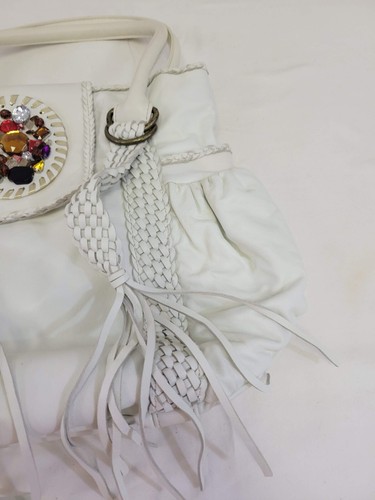 Bloomingdale's Leather Shoulder Bag Purse White tasseled strips beaded closure - Picture 4 of 13
