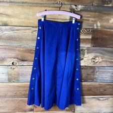 Vintage Blue Cotton Blend A-Line MIDI Skirt Brass Side Buttons Fields Choice 14