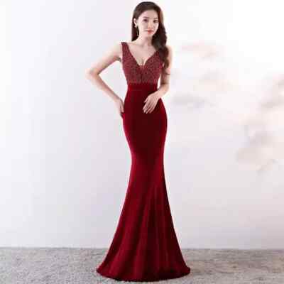 European Women Elegant V-Neck Beaded Slim Velvet Mermaid Evening Prom Dress  | eBay