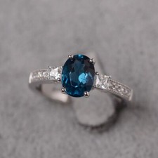 London Blue Topaz Three Stone Ring Natural Gemstone 925 Sterling Silver Ring