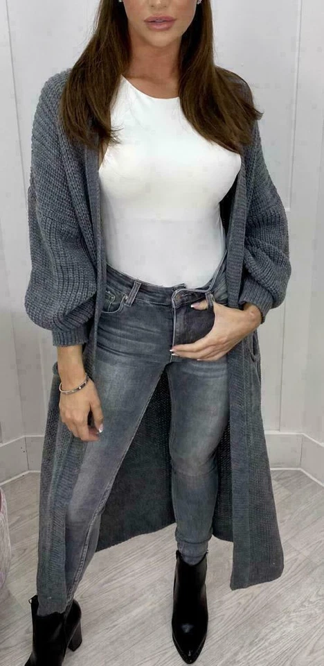 Women Chunky Knitted Oversized Cardigan Ladies Balloon Sleeve Long Maxi Cardigan - Image 4 of 4