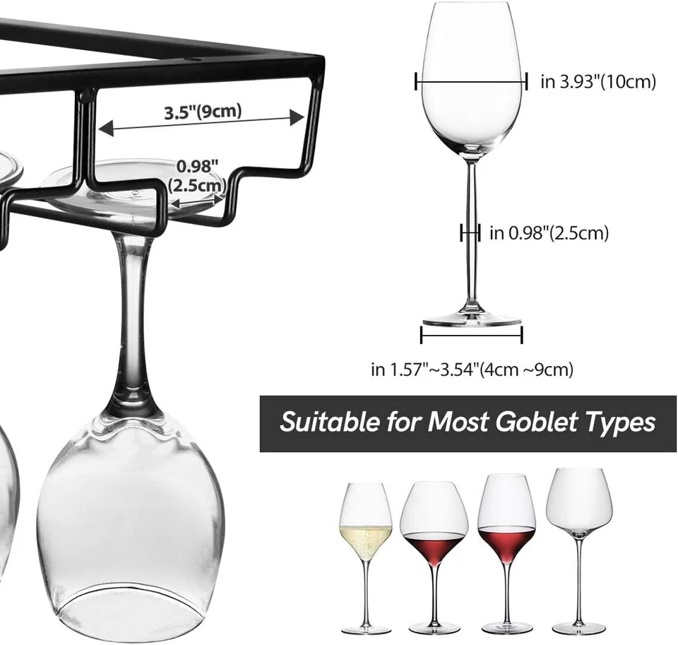 Rack de vidro de vinho sob armário 8 fileiras cabide de taça de metal extremo grande (preto) - Imagem 3 de 4