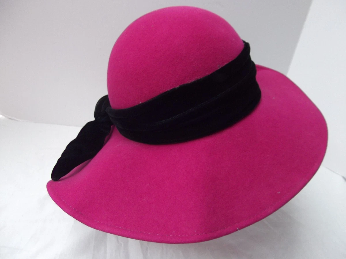 Womens Soft Black & Bright Pink Velvet 1960s Vintage Hat Pre-owned Vintage Black Straw Hat With Pink Flowers, 1960s, 22 Inch  main image 3