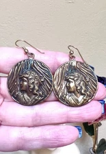 BEAUTIFUL Antique Art Nouveau Gold-Filled, Repoussé Metal Lovely Lady Earrings