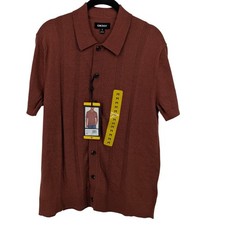 DKNY Button Front Sweater Men Medium Brown Ribbed Knit Retro Polo Preppy Mod
