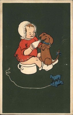 PFB Ser 5993 Little Girl on Chamber Pot Bottle Feeding Dachshund Weiner Dog PC