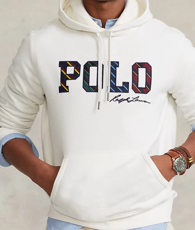 Polo Ralph Lauren Hombre Blanco Rayas Logo Polar Pullover Sudadera con Capucha Talla Mediana LEER Foto 2 de 4