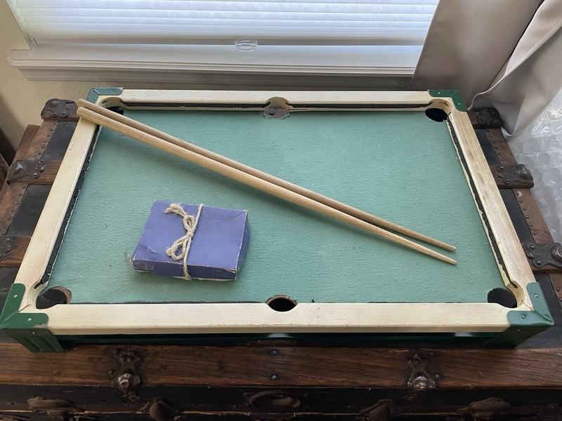 Vintage Toy Pool Table, Mini Billiards, Wood & Metal, Wood Cues, Miniature Balls