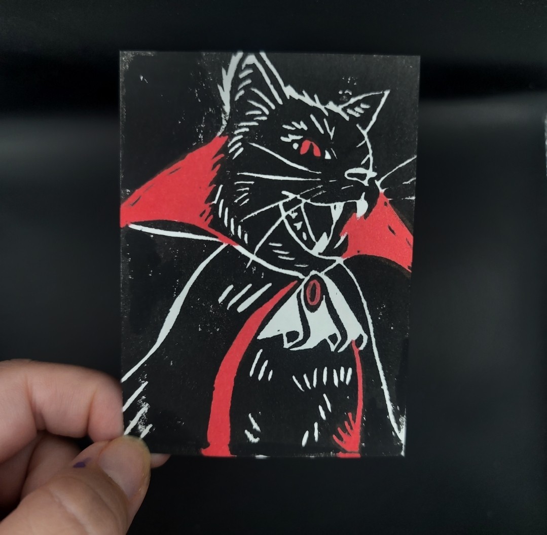 ACEO Original Design Linoprint Vampire Kitty Cat Halloween Ink OOAK venett_22