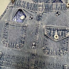 VTG Disney Eeyore Denim Overalls Women's Large Embroidered Flowers Dragonflies