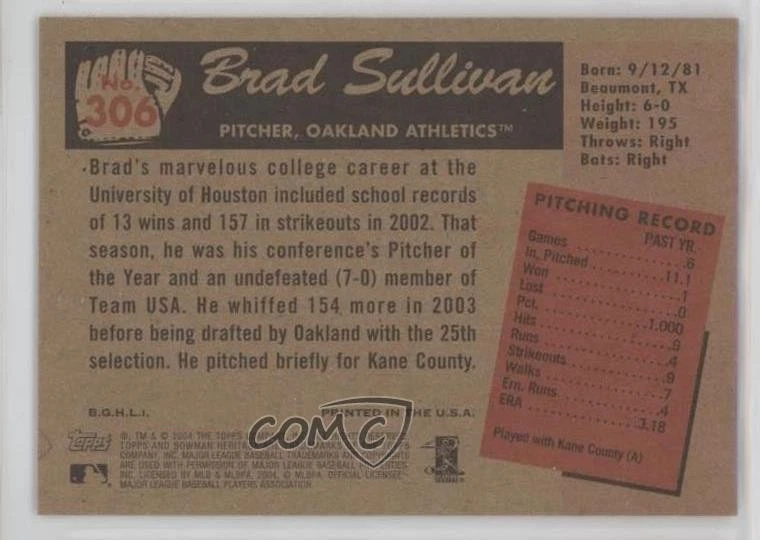 2004 Bowman Heritage Brad Sullivan Bradley Sullivan #306 Rookie RC - Image 2 of 2