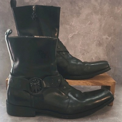 Mark Nason Black Leather Biker Boots Men s 12 Studded Sword Buckle Side Zip 