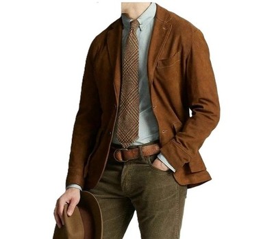 Classic 2 Button Brown Real Suede Leather Blazer Coat Jacket For Men