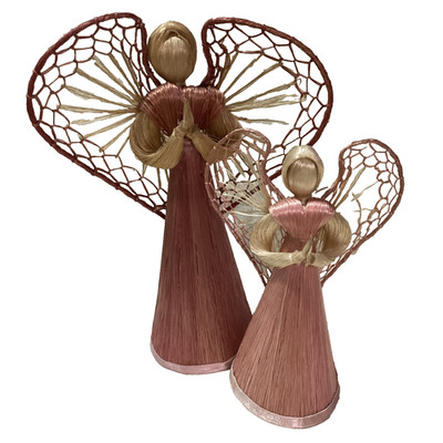 Praying Angels Straw Pink Raffia Cornstalk Handmade Angel Doll Pair 8'' & 6''
