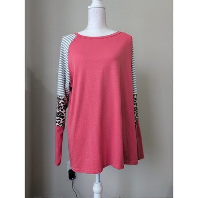 Women's Scarmat Pink Tunic 2XL Leopard Stripe Contrast Sleeve Cotton Blend