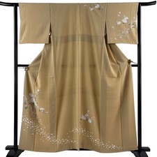 Japanese Silk Houmongi Kimono S 159cm Ocher Chrysanthemum Leaf pattern Excellent