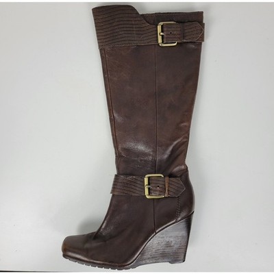 a.n.a. A New Approach Womens Boots 7 Brown Leather Knee High Wedges Heels Buckle
