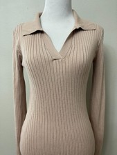 Princess Polly Tan Khaki Ribbed Cotton Blend Collared Sweater Dress Small Medium