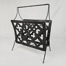Vintage Magazine Rack Cast Iron Wood Trefoil Cutouts Mid-Century Modern Art Deco