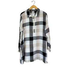 Match Point 100% Linen Henley Tunic Sz S Black White Plaid 3/4 Sleeves Pockets