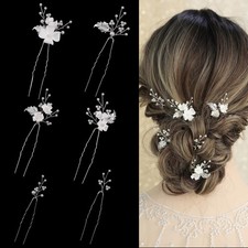 Handmade Pearl Bridal Hair Pins - 6 Pcs White Flower Gold Leaf Clips, Wedding Ac