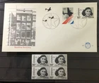 NETHERLANDS ##587–588. FIRST DAY COVER + MNH BLOCK OF FOUR ANNE FRANK STAMP.