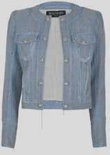 Genuine Balmain Blazer Microchain Embellished Cropped Denim Women Jacket Size 36
