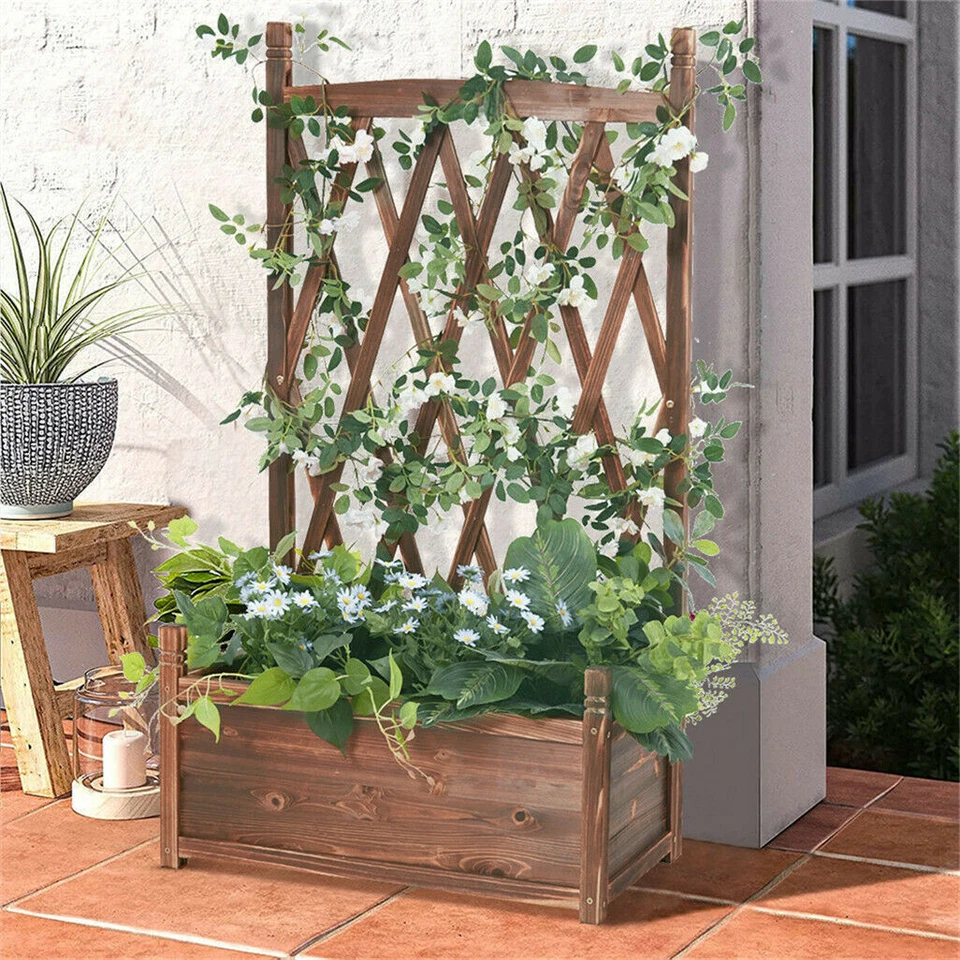 Rustic Wooden Raised Garden Bed Vegetable Planter Grid Box with Climbing Trellis - Image 4 of 4