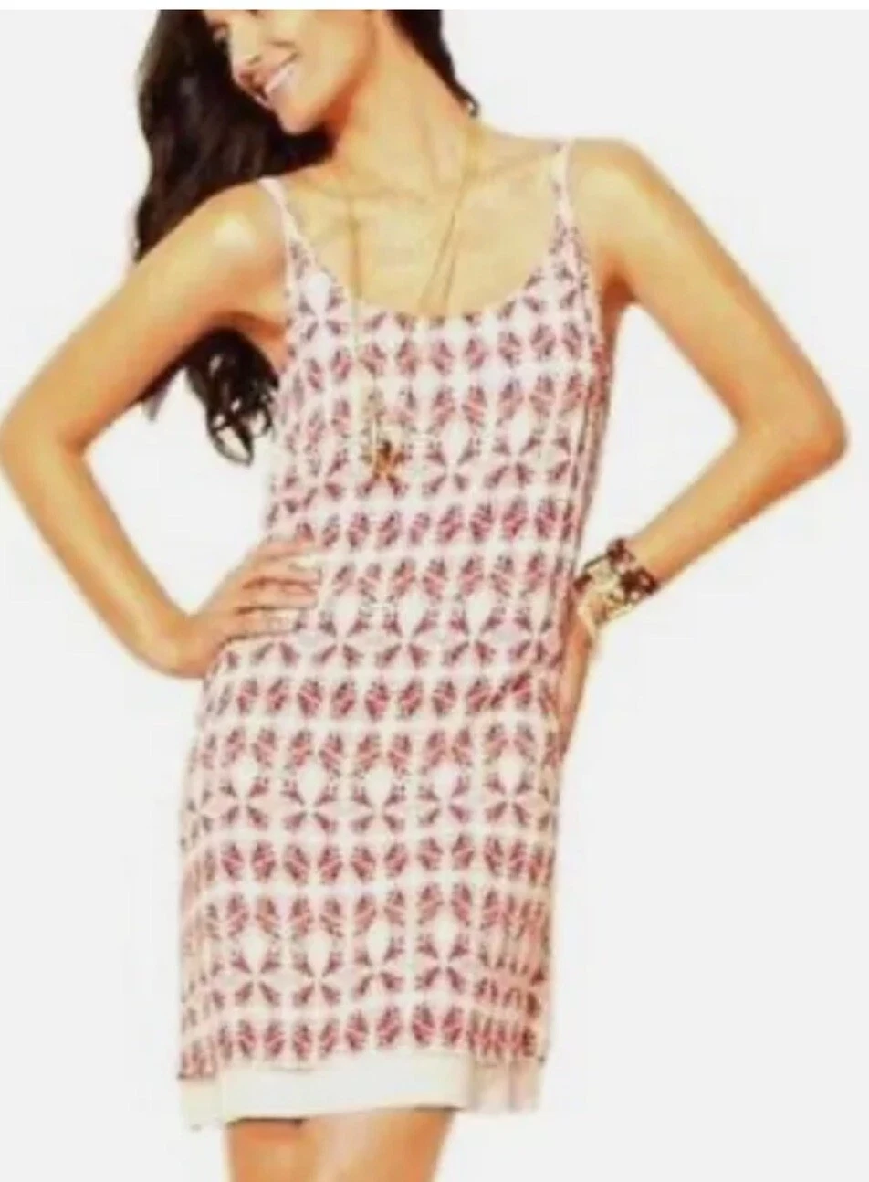 VETEMENTS CABI Batik Abito Slip Donna Taglia S Rosso Panna Stampa Cambio Chiffon #870