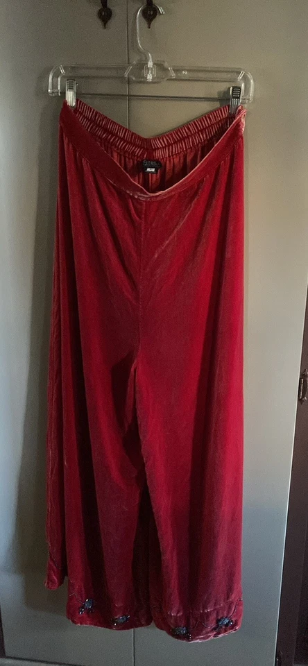 CITRON SANTA MONICA Red Wide Leg Elastic Waist Beaded Cuff Velvet Pants Large