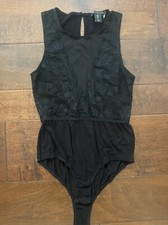 New Tahari Bodysuit Size L Sleeveless Black Lace Stretch Blouse Top Snap Crotch
