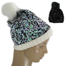 Women's Knitted Beanie Hat Sequin Shiny Bling Glitter Faux Fur Pom Poms